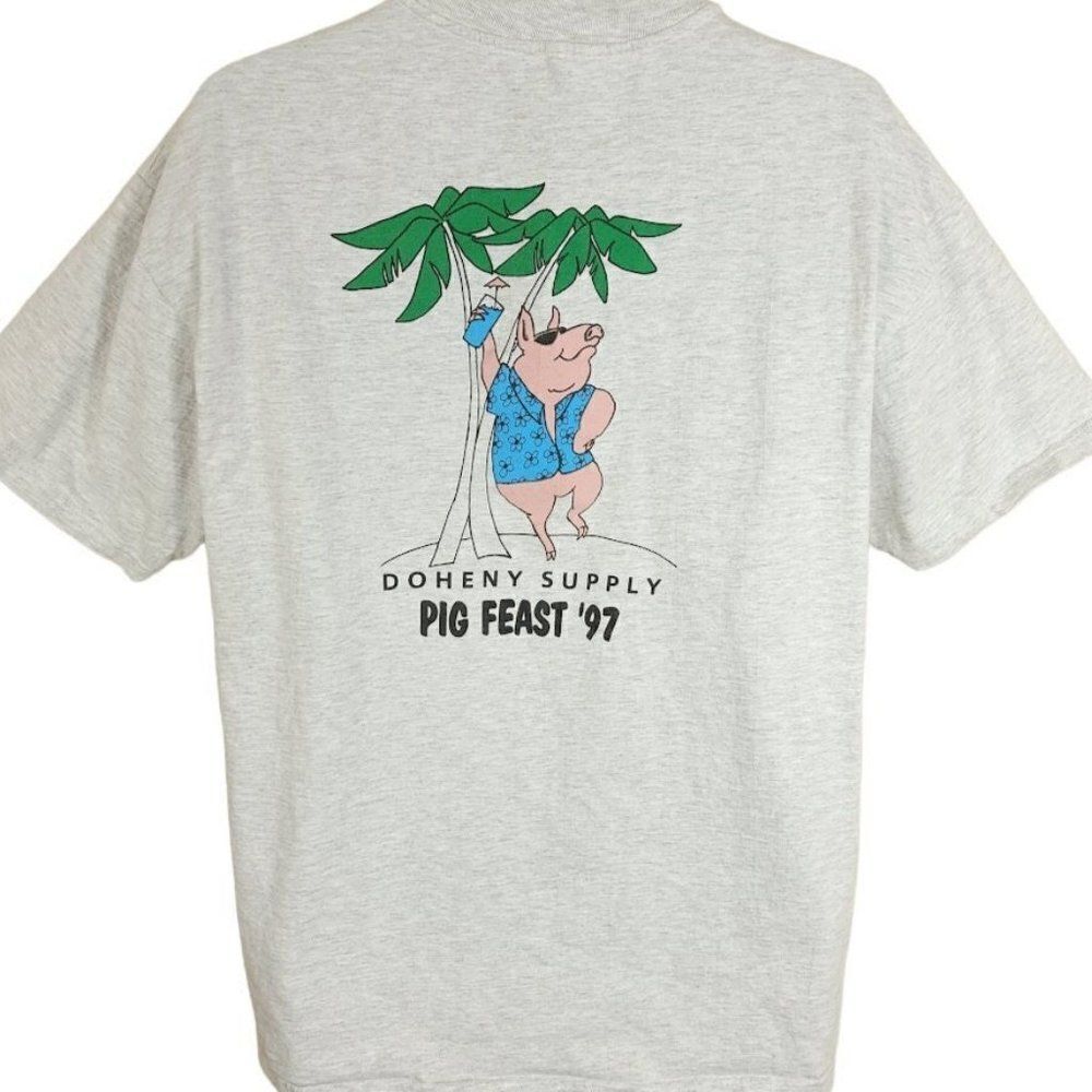 Doheny Supply Pig Feast T Shirt Vintage 90s Hawaiian Palm Trees Mens Size XL